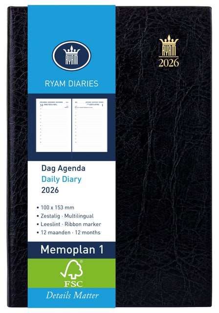 Agenda 2026 Ryam Memoplan 7 Suprema ringplastic 7dagen/2pagina&apos;s zwart afbeelding