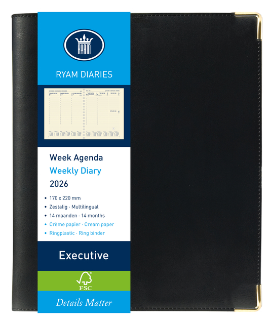 Agenda 2026 Ryam Executive Nappa 7dagen/2pagina&apos;s ringplastic zwart afbeelding
