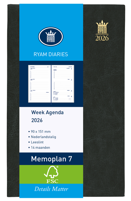 Agenda 2025 Ryam Memoplan 7 Mundior 7dagen/2pagina&apos;s zwart afbeelding