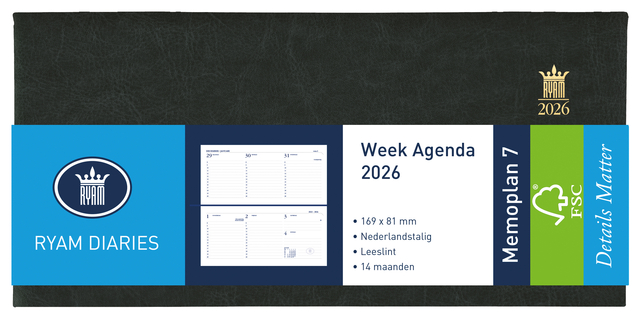 Agenda 2026 Ryam Memoplan 7 Mundior 7dagen/2pagina&apos;s landscape zwart afbeelding