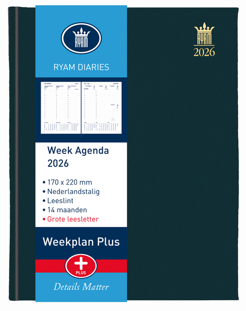 Agenda 2026 Ryam Weekplan Plus Mercury groot letter 7dagen/2pagina&apos;s zwart afbeelding