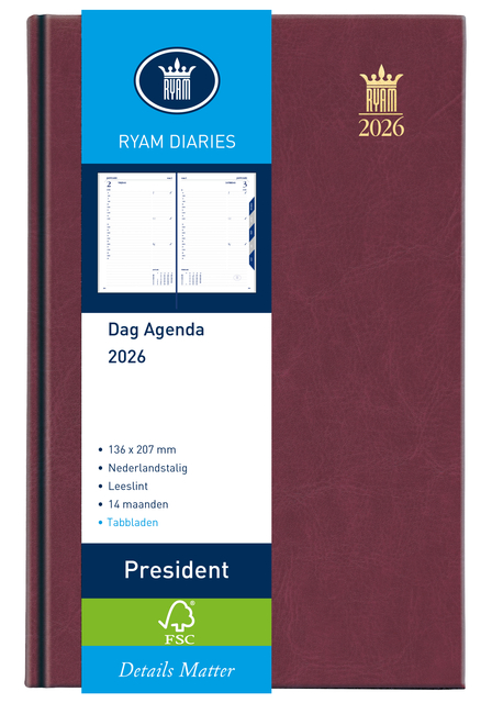 Agenda 2026 Ryam President 1dag/1pagina bordeaux afbeelding