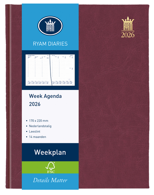 Agenda 2026 Ryam Weekplan Mundior 7dagen/2pagina&apos;s bordeaux afbeelding