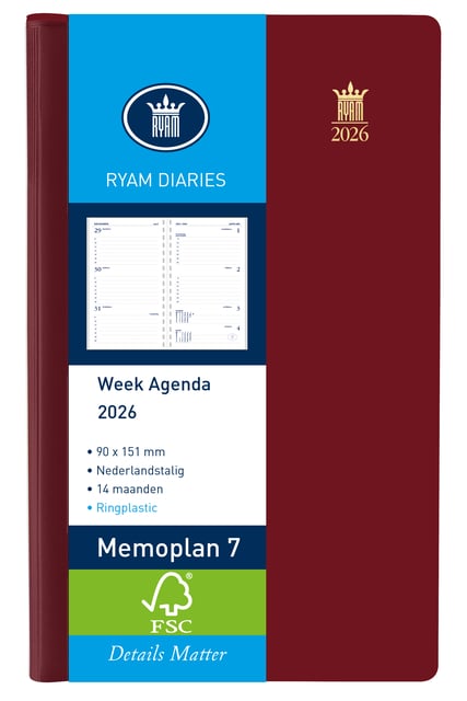 Agenda 2025 Ryam Memoplan 7 Suprema ringplasic 7dagen/2pagina&apos;s bordeaux afbeelding