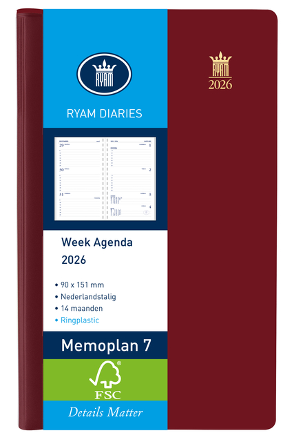 Agenda 2025 Ryam Memoplan 7 Suprema ringplasic 7dagen/2pagina&apos;s bordeaux afbeelding