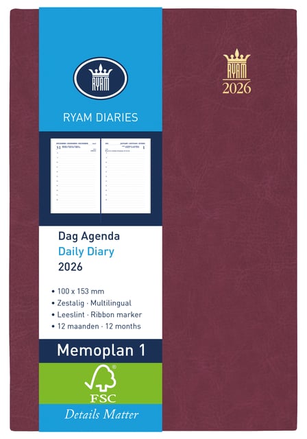 Agenda 2026 Ryam Memoplan 1 Mundior 1dag/1pagina bordeaux afbeelding
