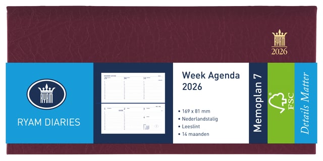 Agenda 2026 Ryam Memoplan 7 Suprema 7dagen/2pagina&apos;s landscape bordeaux afbeelding