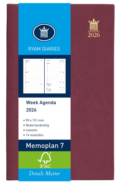 Agenda 2025 Ryam Memoplan 7 Suprema 7dagen/2pagina&apos;s bordeaux afbeelding