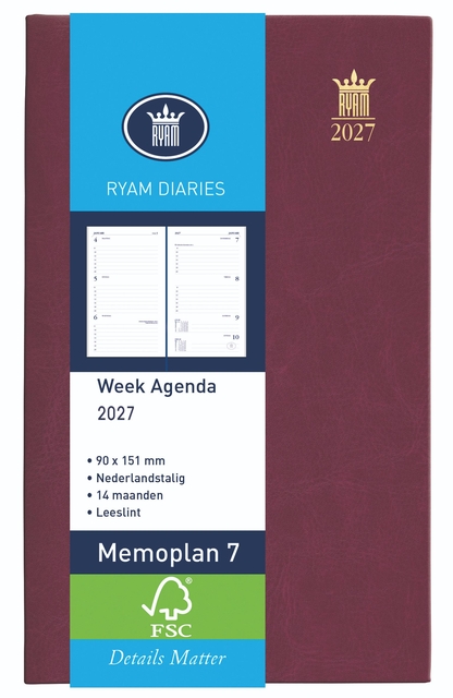 Agenda 2025 Ryam Memoplan 7 Suprema 7dagen/2pagina's bordeaux