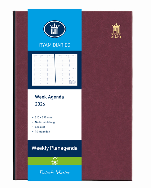 Agenda 2026 Ryam Weekly Mundior 7dagen/2pagina&apos;s bordeaux afbeelding