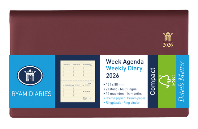 Agenda 2026 Ryam Compact Suprema 7dagen/2pagina&apos;s ringplastic bordeaux afbeelding