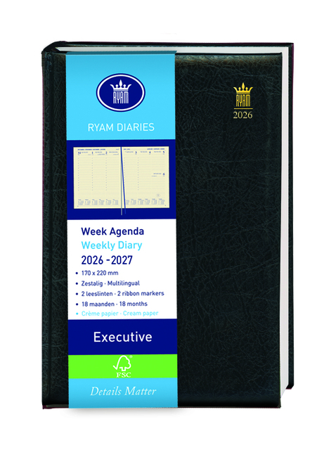 Schoolagenda 2026-2027 18mnd Ryam Executive Mundior 7dagen/2pagina's zwart afbeelding