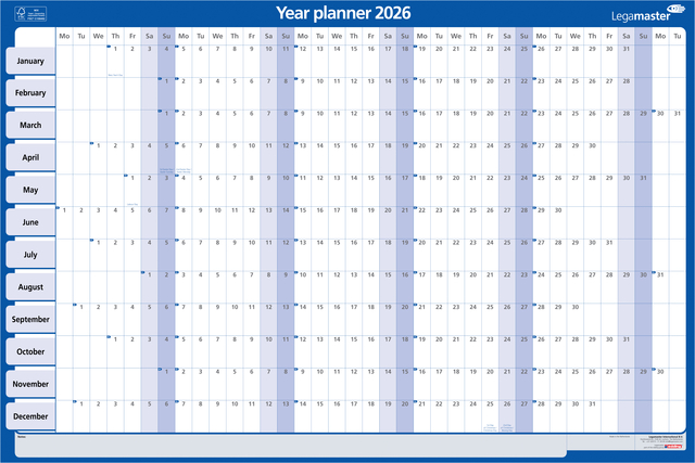 Jaarplanner 2026 Legamaster 90x60cm horizontaal gelamineerd Engelstalig afbeelding