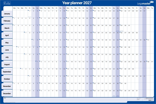 Jaarplanner 2027 Legamaster 90x60cm horizontaal gelamineerd Engelstalig