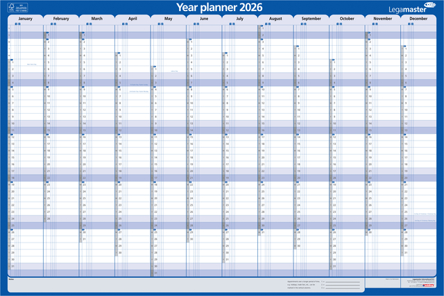 Jaarplanner 2026 Legamaster 1 persoon 90x60cm horizontaal gelamineerd Engelstalig afbeelding