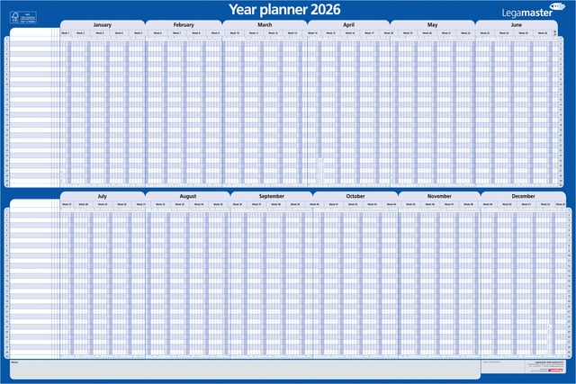 Projectplanner 2026 Legamaster 90x60cm horizontaal gelamineerd Engelstalig afbeelding