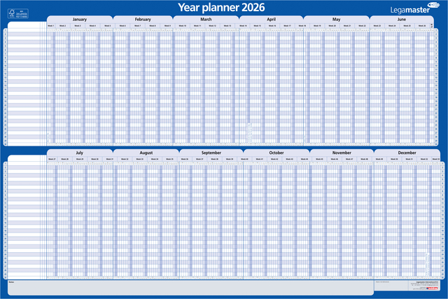 Projectplanner 2026 Legamaster 90x60cm horizontaal gelamineerd Engelstalig afbeelding