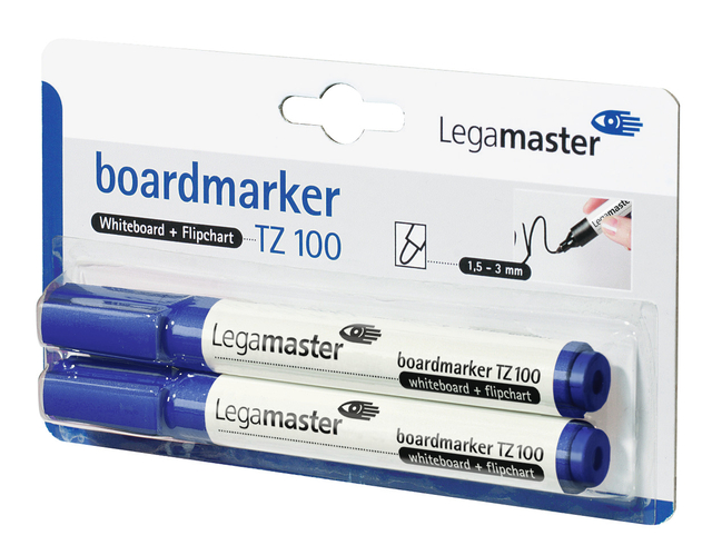 Viltstift Legamaster TZ 100 whiteboard rond 1.5-3mm blauw blister à 2 stuks