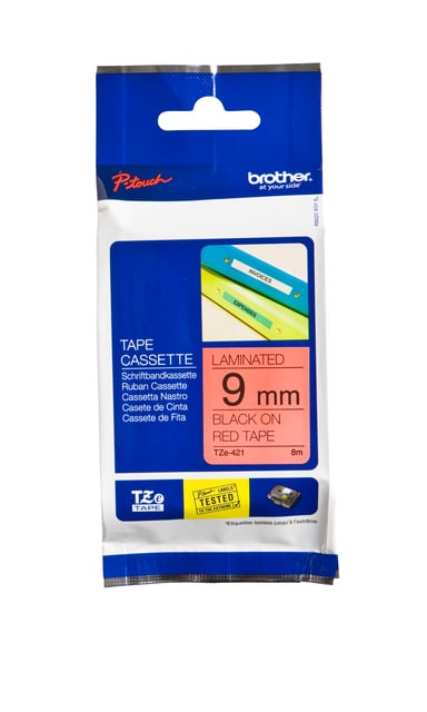 Labeltape Brother P-touch TZe-421 standaard 9mm zwart op rood afbeelding