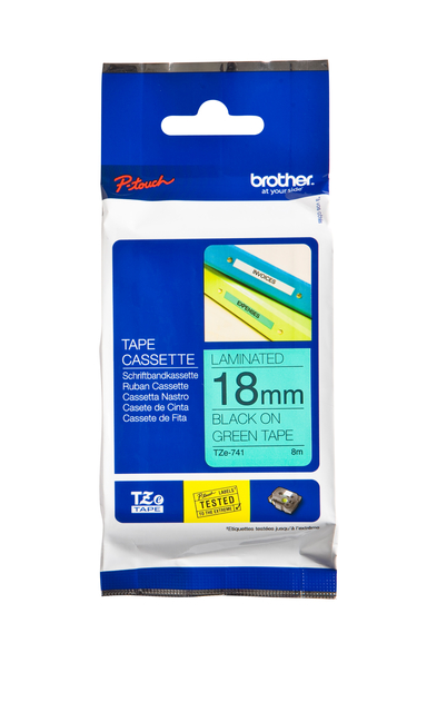 Labeltape Brother P-touch TZe-741 standaard 18mm zwart op groen afbeelding