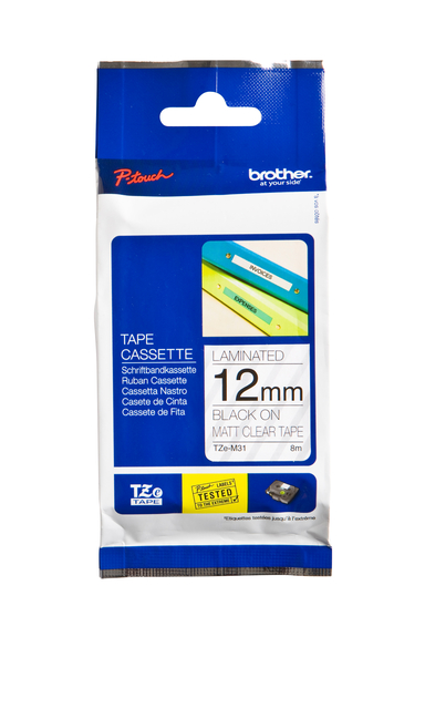 Labeltape Brother P-touch TZe-M31 mat 12mm zwart op transparant afbeelding