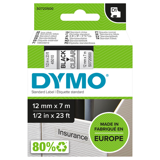 Labeltape Dymo LabelManager D1 polyester 12mm zwart op transparant afbeelding