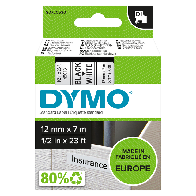 Labeltape Dymo LabelManager D1 polyester 12mmx7m zwart op wit afbeelding