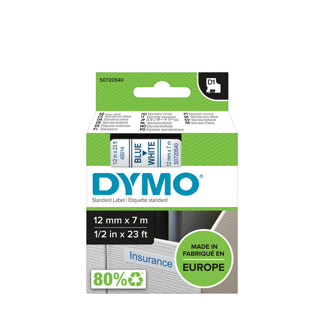 Labeltape Dymo LabelManager D1 polyester 12mm blauw op wit afbeelding