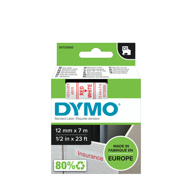 Labeltape Dymo LabelManager D1 polyester 12mm rood op wit afbeelding