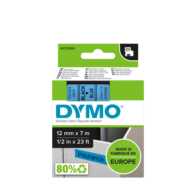 Labeltape Dymo LabelManager D1 polyester 12mm zwart op blauw afbeelding