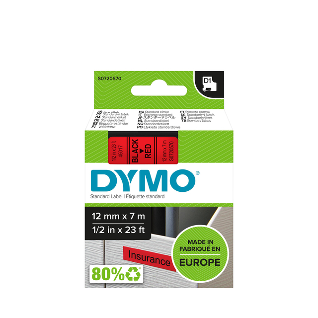 Labeltape Dymo LabelManager D1 polyester 12mm zwart op rood afbeelding
