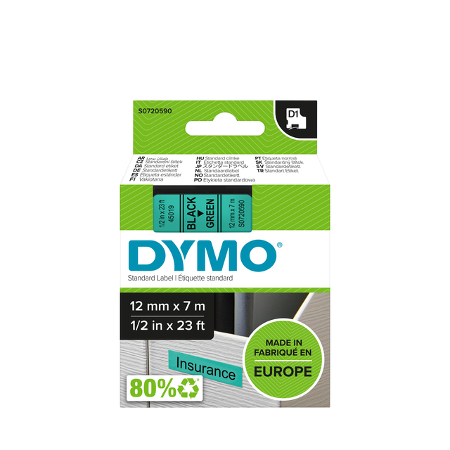 Labeltape Dymo LabelManager D1 polyester 12mm zwart op groen afbeelding