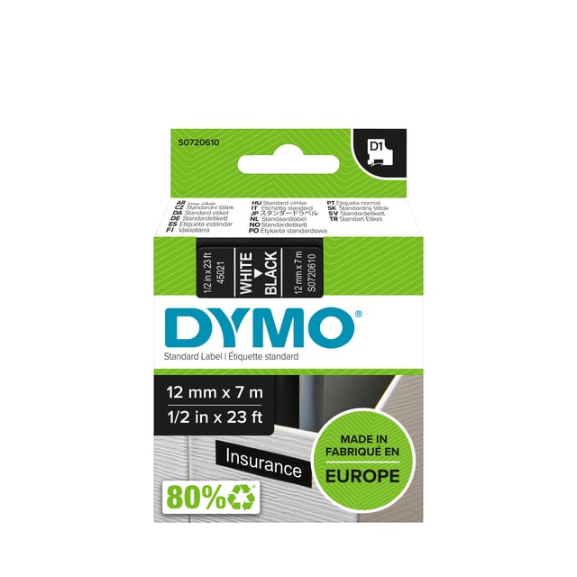 Labeltape Dymo LabelManager D1 polyester 12mmx7m wit op zwart afbeelding