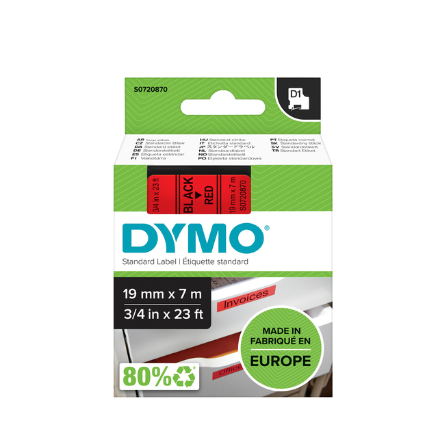 Labeltape Dymo LabelManager D1 polyester 19mm zwart op rood afbeelding