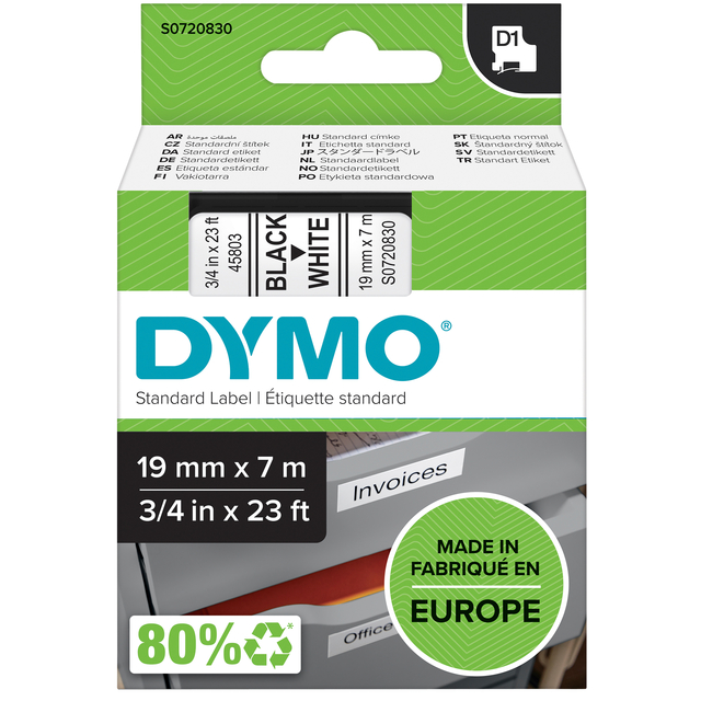 Labeltape Dymo LabelManager D1 polyester 19mm zwart op wit afbeelding
