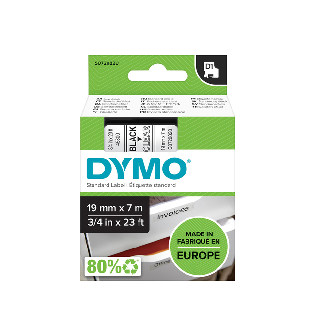 Labeltape Dymo LabelManager D1 polyester 19mm zwart op transparant afbeelding