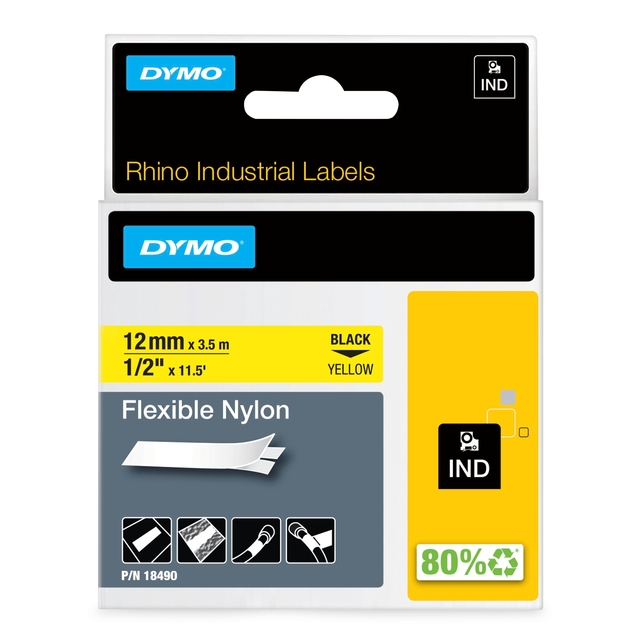 DYMO S0718080 / 18490 IND Rhino tape flexibel nylon zwart op geel 12mm (origineel)