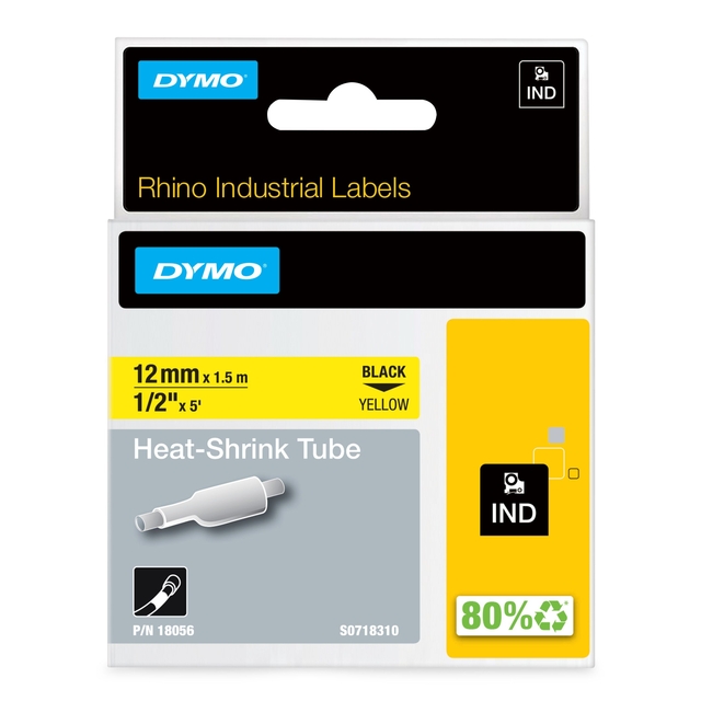 Labeltape Dymo Rhino industrieel krimpkous 12mm zwart op geel