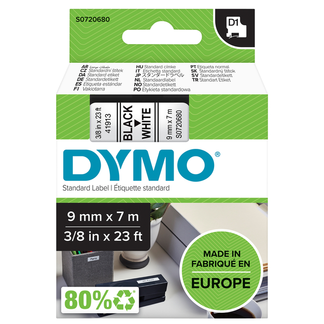 Labeltape Dymo LabelManager D1 polyester 9mm zwart op wit afbeelding