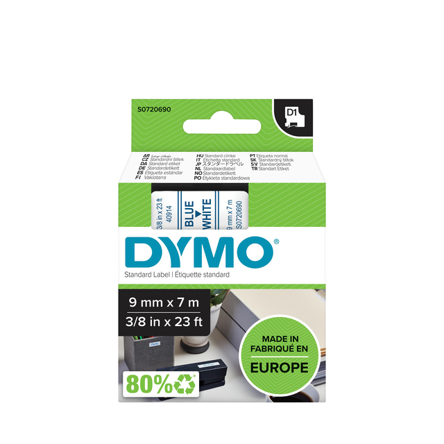 Labeltape Dymo LabelManager D1 polyester 9mm blauw op wit afbeelding