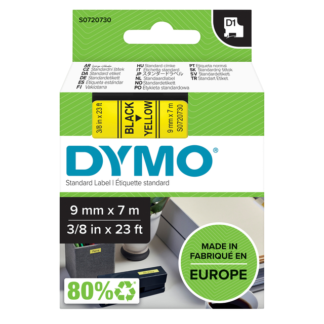 Labeltape Dymo LabelManager D1 polyester 9mm zwart op geel afbeelding