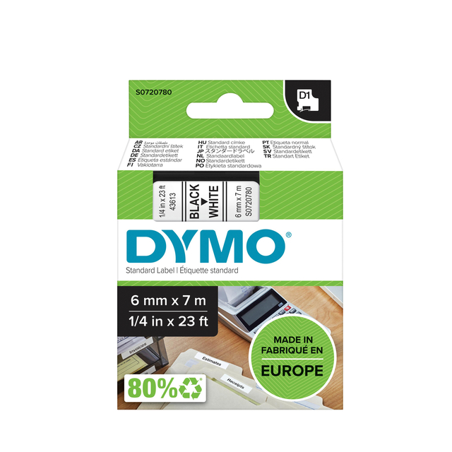 Labeltape Dymo LabelManager D1 polyester 6mm zwart op wit afbeelding