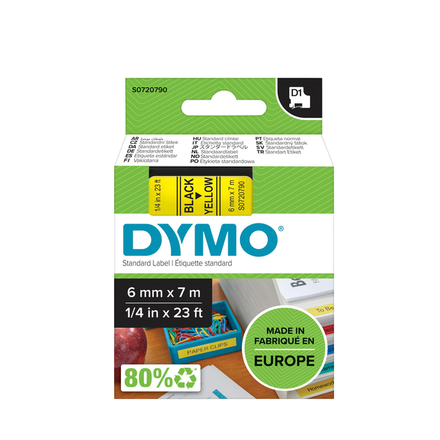 Labeltape Dymo LabelManager D1 polyester 6mm zwart op geel afbeelding