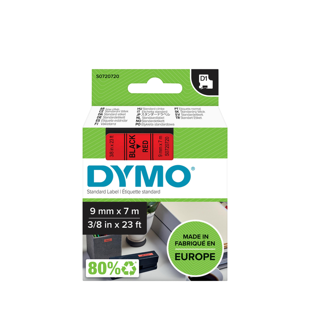 Labeltape Dymo LabelManager D1 polyester 9mm zwart op rood afbeelding