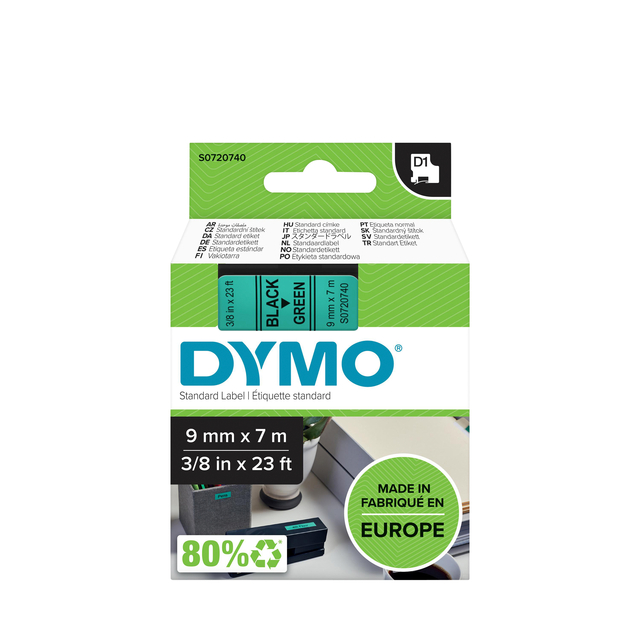 Labeltape Dymo LabelManager D1 polyester 9mm zwart op groen afbeelding