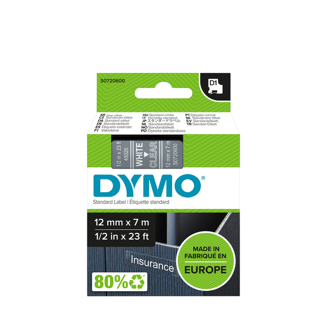 Labeltape Dymo LabelManager D1 polyester 12mm wit op transparant afbeelding