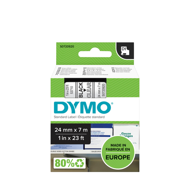 Labeltape Dymo LabelManager D1 polyester 24mm zwart op transparant afbeelding