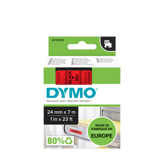 Labeltape Dymo LabelManager D1 polyester 24mm zwart op rood afbeelding