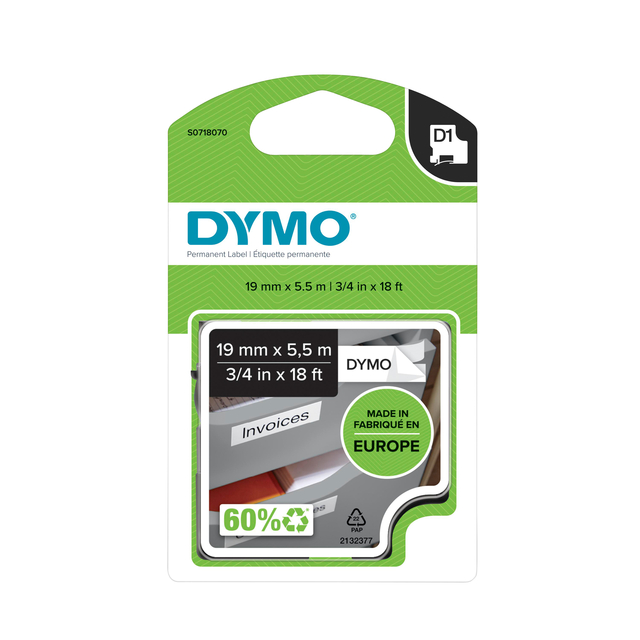 Labeltape Dymo LabelManager D1 polyester 19mmx5,5m zwart op wit afbeelding