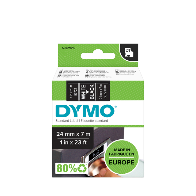 Labeltape Dymo LabelManager D1 polyester 24mm wit op zwart afbeelding